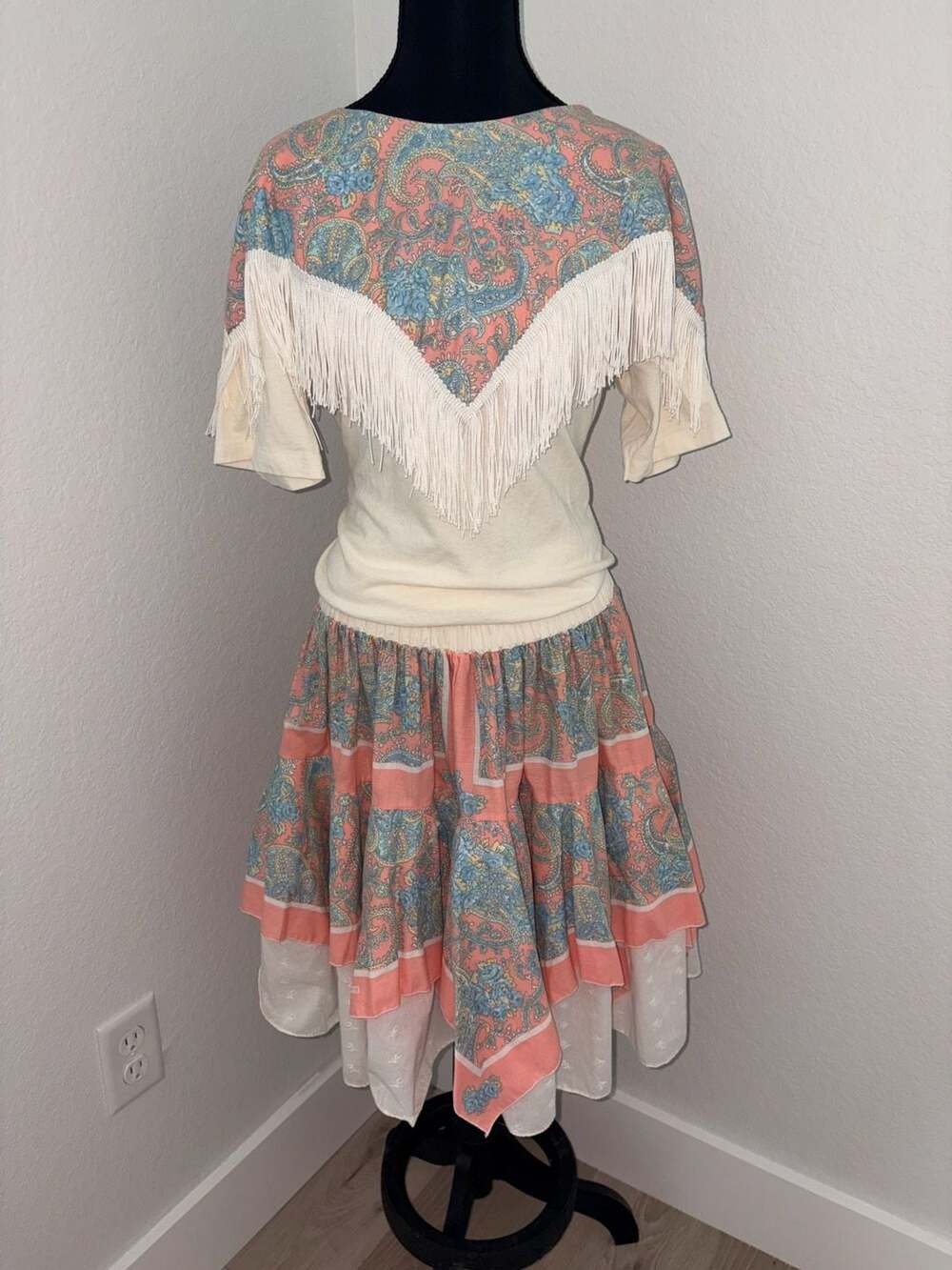 Vintage 1970s 1980s Square Dance Outfit Paisley Top and Skirt Set with Fringe